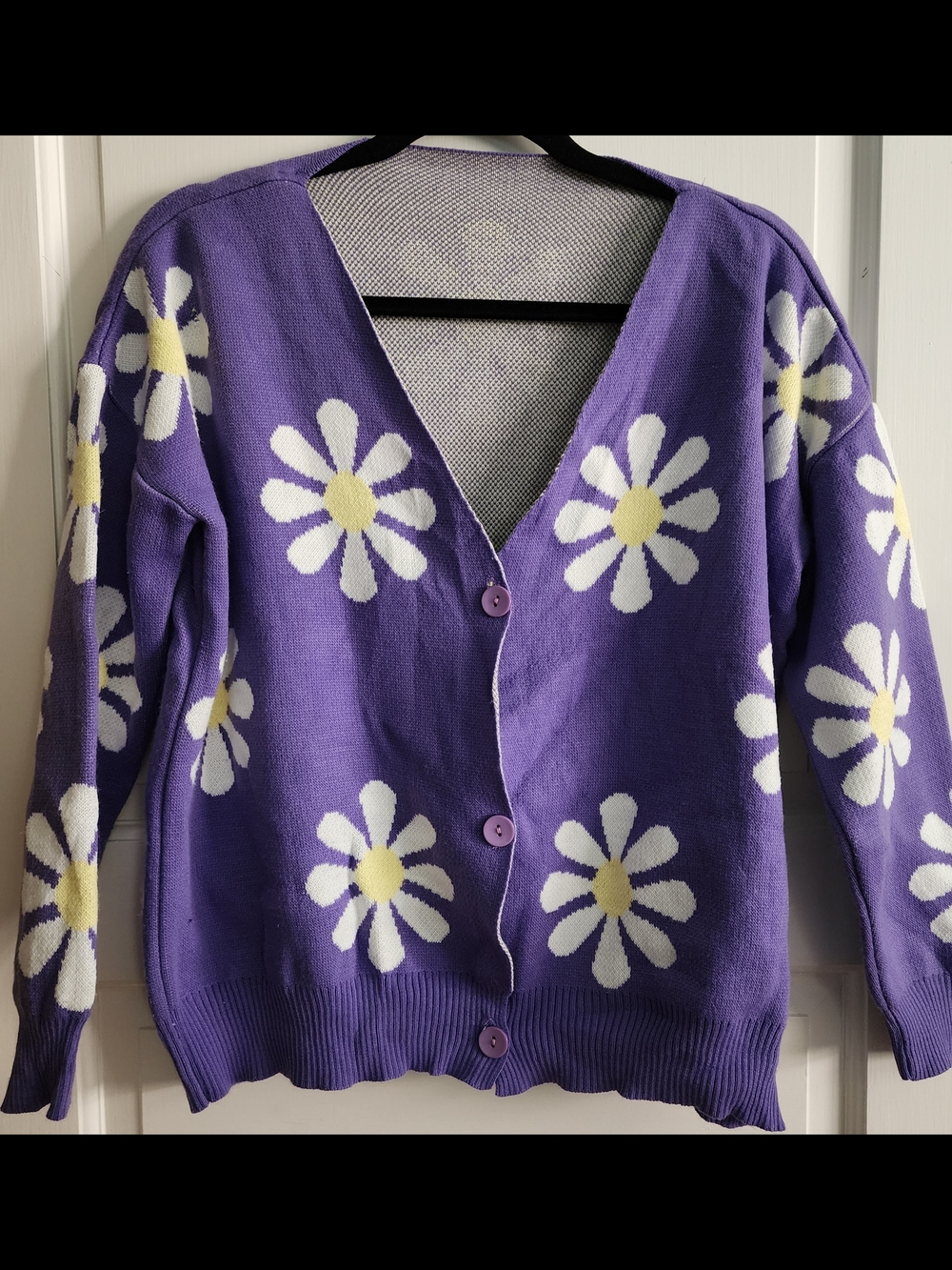 Purple Daisy V-Neck Button Cardigan Sweater